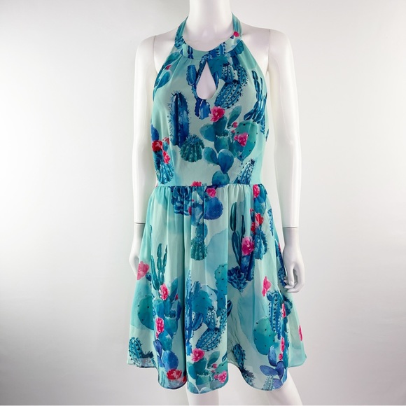Modcloth Women's Sz L BLOGGER THE BETTER Floral Cactus Halter Dress Green/Pink - Picture 2 of 10